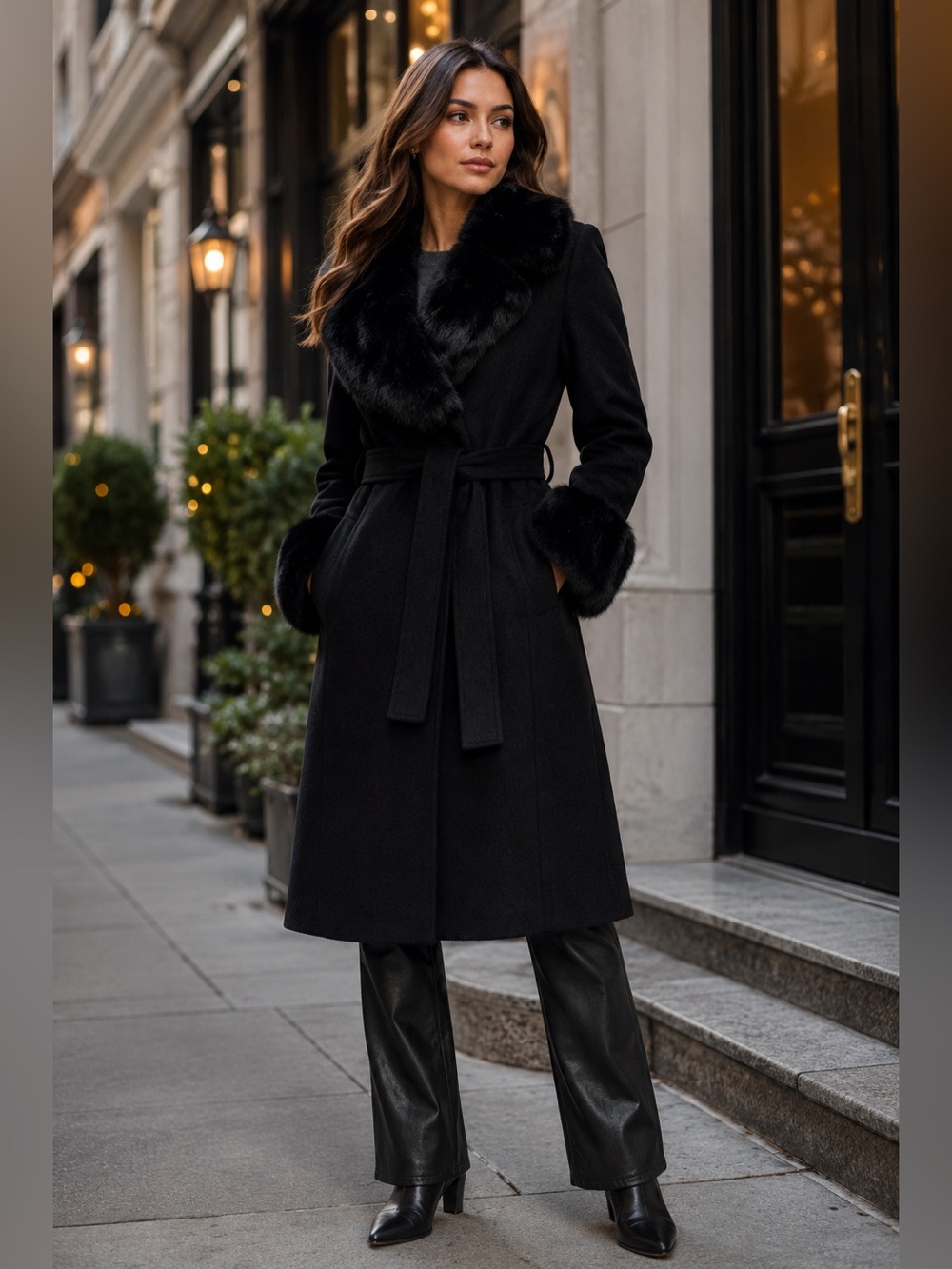 NEW Via Spiga Belted Faux Fur Trim Wool Coat – Black | Size Small